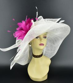 Note: Secondary color means feather flower options. ✿*.Key Features.*✿ This hat is updated on M22019 hat. A double feather flowers are attached. It's a floppy wide brim hat with big bows, two long sinamay ribbons and 4 pieces of supper long trimmed feathers except the feather flowers, very stunning and beautiful hat. Great for Kentucky derby, weddings, church, Easter, Royal Ascot, horse races, cocktails, tea party, or any hat wearing occasion. Hat base size: From front to back around : 21" (53cm Ostrich Feather Hats For Royal Ascot Wedding, Wedding Wide Brim Feather Trim Fascinator, Wedding Wide Brim Fascinator With Feather Trim, White Ostrich Feather Hat For Kentucky Derby, Feathered Top Hat For Kentucky Derby Wedding, Wedding Hats With Ostrich Feathers For Kentucky Derby, White Ostrich Feather Wedding Headpiece, Curved Brim Mini Hat With Feathers For Wedding, Wedding Mini Hat With Feather Trim And Curved Brim