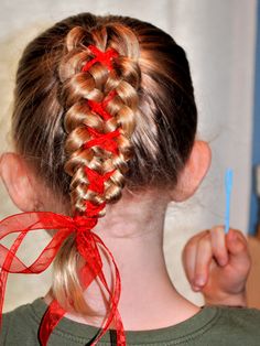 Mermaid tail - pull hair into ponytail then split hair in 2 bunches and braid each bunch.  Use a crafting needle (pictured in my daughters hand) & "sew" the two braids into one. Two Braids Into One, Cute Baby Hairstyles, Character Hair Ideas, Character Hair, Split Hair, Two Braids, Stop Staring, My Daughters, Mermaid Tail