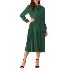 Allegra K A-Line Flowy Dress for Women's Long Sleeve Tie V Neck Pleated Maxi Dress Elastic Waist Long Sleeves Ruffled Hem Tie Neck Midi Pleated Regular Fit Fall Dress Size: XL.  Color: Green.  Gender: female.  Age Group: adult. Modest Midi Dress, Vintage High Heels, Pleated Shirt Dress, Plain Maxi Dress, Long Sleeve Velvet Dress, Square Neck Dress, Long Dress Casual, Fall Dress, Pleated Maxi Dress