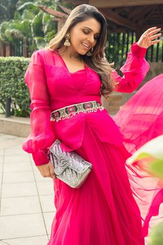 Fitted Pink Sets For Wedding Guest, Diwali Party Wear Gown With Long Sleeves, Pink Semi-stitched Long Sleeve Dress, Pink Lehenga With Sheer Dupatta Maxi Length, Festive Saree Dress For Wedding Guest, Pink Long Sleeve Semi-stitched Dress, Fitted Maxi Length Set For Wedding Guest, Festive Pink Sets For Wedding Guest, Pink Festive Sets For Wedding Guests