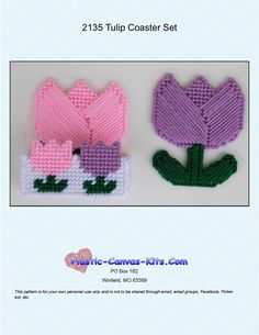 two crocheted tulips are shown in different colors and sizes, one is pink