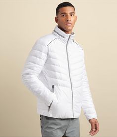 Men's Puffer Jacket In White With Removable Hood The Men's Puffer Jacket In White With Removable Hood provides great insulation for cold-weather activities. Made of breathable, stretchy fabric and designed to keep you warm and comfortable. The puffer jacket features florescent zippers that have a turtle neck style with a removable hood that can be easily removed, zippers at the cuffs to adjust for climate changes, and two side zip pockets. It will keep you warm on those brisk winter days. Outer Turtle Neck Style, Leather Puffer Jacket, Leather Puffer, Mens Puffer Jacket, Leather Jumpsuit, Shearling Vest, Distressed Jacket, Studded Jacket, Weather Activities