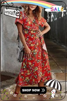 Fashion Casual Print Summer V-neck Dress P11522 Summer V-neck Wrap Dress For Brunch, Red A-line V-neck Dress For Spring, Casual Printed V-neck Midi Dress, Casual Red V-neck Midi Dress, Summer Maxi Dress With Surplice Neckline For Day Out, Bohemian V-neck Wrap Dress For Summer, Red V-neck Dress For Spring Vacation, Summer Vacation Wrap Dress With V-neck, Casual Summer V-neck Dress With Surplice Neckline