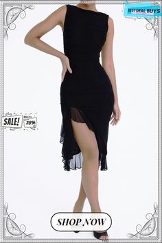 Women's Fashion Mesh Pleated Ruffle Irregular Mid Length Slim Low Back Sleeveless Dress Black Sleeveless Asymmetrical Dress With Ruched Detail, Knee-length Chiffon Sleeveless Party Dress, Black Stretch Sleeveless Asymmetrical Dress, Black Sleeveless Stretch Asymmetrical Dress, Sleeveless Stretch Asymmetrical Spring Dress, Fitted Sleeveless Dress With Asymmetrical Hem For Summer, Flirty Sleeveless Asymmetrical Dress For Party, Sleeveless Asymmetrical Dress With Ruffles For Party, Spring Sleeveless Stretch Asymmetrical Dress