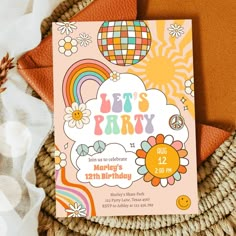 Retro Groovy Birthday themed invitation for your perfect celebration. 70s Party Photo Booth, 2024 Balloons, Flower Power Birthday, Flower Power 70s, 70s Birthday, Flower Power Party, 70s Rainbow, Boho Birthday Party