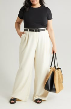 Soften your in-office look with flowy, wide-leg pants cut from a textured, seasonless blend and fronted with stitched-down pleats. 31" inseam; 30" leg opening; 14" front rise; 17" back rise (size 18) Zip fly with hook-and-bar closure Front slant pockets; back button-welt pockets 30% recycled polyester, 28% polyester, 37% viscose, 5% elastane Dry clean Imported Bussiness Casual Plus Size, Womens Work Pants Business Casual, Womens Business Professional Plus Size, Plus Size Flowy Pants, Real Estate Agent Attire Women Plus Size, Plus Size Business Attire Career Wear, Plus Wide Leg Pants Outfit, Classic Outfits Plus Size, Cream Dress Pants Outfit