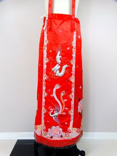 "This is a RARE and STUNNING oriental vintage piece hand embellished with crystal rhinestones, sequins, seed beads and glass beading. It's in excellent condition! Waist - 31\" Hips - 35\" Length - 52\" All of my items come from a smoke-free and pet-free home. If you have any questions, please don't hesitate to ask!" Traditional Embellished Skirt For Wedding, Traditional Embellished Wedding Skirt, Traditional Embellished Festive Skirt, Traditional Embellished Skirt For Festive Occasions, Traditional Embroidered Skirt With Drape, Traditional Embroidered Skirt With Traditional Drape, Traditional Long Embellished Dress, Festive Red Embroidered Skirt, Traditional Red Skirt For Party