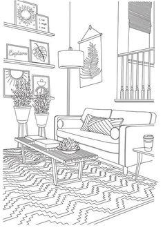 a drawing of a living room with couch, coffee table and pictures on the wall