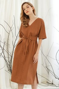 Marcella Linen Dress – VAST V-neck Linen Dress For Workwear With Relaxed Fit, Relaxed Fit Linen V-neck Dress For Work, V-neck Linen Midi Dress With Belt, Belted Linen Dress For Daywear, Casual Linen Midi Dress For Brunch, Spring Linen Belted Dress, Belted Linen Midi Dress For Daywear, Linen Tie Waist Dress For Daywear, Linen Belted Dress For Daywear