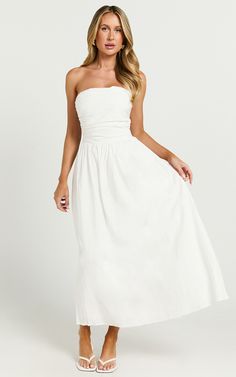 Polly Midi Dress - Strapless Ruched Dress in White | Showpo USA Simple Long White Dress, White Maxi Dress Casual, White Grad Dress, Exec Photoshoot, Long White Dress, Bridal Event, Grad Dresses, Senior Picture Ideas, Maxi Dresses Casual