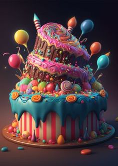 a colorful cake with lots of balloons and confetti on top is surrounded by candy