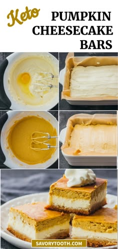 the steps to make pumpkin cheesecake bars are shown in this collage with text overlay