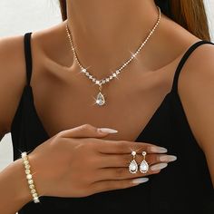 Bridal Jewelry Sets Three-piece Suit Imitation Diamond 1 Necklace 1 Bracelet Earrings Women's Classic Sweet Lovely Classic Love Precious Diamond Water Drop Jewelry Set For Wedding Gift 2024 - $21.99 2025 Black, Prom 2025, Drop Jewelry, Classic Love, Bride Necklace, Jewelry Set Design, Apothecary Diaries, Junior Prom, Diamond Wedding Sets