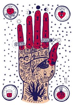 a drawing of a hand with many different things on it and stars around the palm