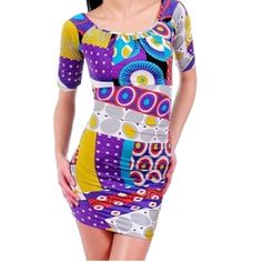 Extremely Trendy Dress! Versatile Piece!! Perfect Addition To Your Wardrobe. Made Of 92% Nylon 8%Spandex Multicolor Graphic Print Short Sleeve Dress, Multicolor Knee-length Mini Dress With Vibrant Print, White Tennis Dress, Multicolor Vibrant Print Knee-length Mini Dress, Spring Multicolor Abstract Print Mini Dress, Black White Striped Dress, Bee Dress, Funky Dresses, Multicolor Long-sleeve Mini Dress With Graphic Print