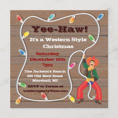 a western style christmas party card with a cowboy on the front and side of it