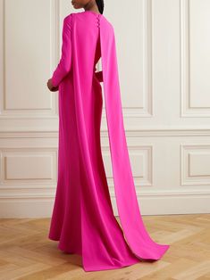 Prom Dress With Cape, Pink Designer Dress With Cape Sleeves, Elegant Pink Gown With Cape Sleeves, Pink Georgette Dress With Cape Sleeves, Pink Cape Sleeves Evening Gown, Luxury Pre-draped Evening Dress With Cape Sleeves, Royalty Outfits, Crepe Gown, Amazing Clothes