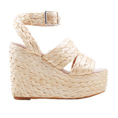 Woven straw with man made sole Ankle buckle closure Platform measures approx. 2" H Heel measures approx. 5" H Imported Natural Color Wedge Heel Sandals With Heel Strap, Natural Open Toe Platform Wedge Sandals, Natural Color Open Toe Platform Espadrilles, Natural Wedge Sandals With Woven Sole For Summer, Natural Open Toe Platform Espadrilles, Open Toe Straw Wedge Sandals With Heel Strap, Summer High Heel Wedge Sandals With Buckle, Straw Ankle Strap Heels For Spring, Summer Wedge Sandals With Braided Straps