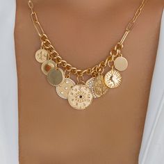 420295279300110944102400631417 Material: gold plated stainless steel, crystals Length: 18" + 3" extension Coin Pendant size: 0.8" x 0.8" IMPORTED Pearl Necklace Set, Choker Necklace Set, Simple Bracelets, Silver Jewels, Black Pendant, Silver Heart Necklace, Pearl Pendant Necklace, Statement Bracelet, Letter Pendants