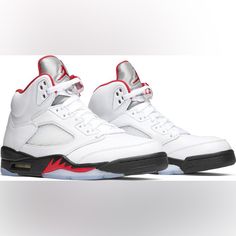 New Jordan 5 Retro Fire Red Silver Tongue (2020) (Pc) White Sneakers With Red Sole In Synthetic Material, White High-top Sneakers With Red Sole For Sports, White Running Shoes With Red Sole For Sports, Jordan 1 Shadow, Jordan 1 Mids, Jordan 5 Retro, Jordan White, Jordan 8, Jordan 13 Retro