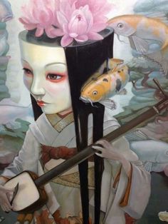 a painting of a woman with fish and flowers on her head, holding a stick