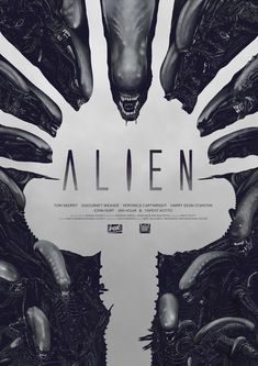 an alien movie poster with multiple aliens surrounding it