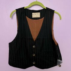 This Striped Vest Adds A Touch Of Sophistication To Any Outfit. It Is Very Versatile. Grg 1 Tailored Black Vest Outerwear, Casual Fitted Blazer With Vest, Black Vest Blazer For Fall, Black Blazer With Vest For Fall, Fitted Dark Academia Outerwear For Work, Tailored Black Vest For Spring, Vintage Black Vest Outerwear, Vintage Black Vest For Spring, Black Vintage Vest For Spring