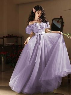 Purple Tulle Dress For Banquet, Purple Off-shoulder Gown For Party, Purple Short Sleeve Wedding Dress, Purple Off-shoulder Wedding Dress, Spring Purple Ball Gown For Party, Purple Short Sleeve Maxi Dress For Wedding, Purple Short Sleeve Evening Dress For Party, Purple Spring Party Ball Gown, Spring Purple Party Ball Gown