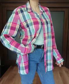 Vintage 90s  boyfriend shirt , oversized shirt pink blue white plaid botton down shirt,long sleeve soft cotton shirt S-XL ,classic shirt Underarm to underarm: 59 cm/ 23 in Lenght: 80 cm/ 31 in Sleeve lenght: 68 cm/ 27 in Sholders: 47 cm/ 18 in Tag size :L Recommended for sizes S-XL depending on desired fit. Model is a size medium-large.  Materials: 100% cotton Condition: perfect vintage condition Defects: none See more like this in my shop: https://www.etsy.com/shop/VintageInsparation?ref=seller-platform-mcnav Casual Pink Long Sleeve Flannel Shirt, Pink Long Sleeve Casual Flannel Shirt, Pink Cotton Flannel Long Sleeve Shirt, Pink Long Sleeve Cotton Flannel Shirt, Pink Cotton Long Sleeve Flannel Shirt, Spring Everyday Plaid Shirt, Casual Pink Cotton Flannel Shirt, Spring Everyday Long Sleeve Flannel Shirt, Trendy Plaid Button-up Shirt