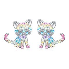 PRICES MAY VARY. Dainty Animal Earrings:The metal of earrings is brass with a SMALL SIZE of Kitty Cat:0.53"*0.6",allowing it easily to match with any outfit from casual to formal.The Kitty Cat stud earrings were plated with silver/white gold and glued with sparkling rainbow crystals,making it very eye-Catching and sparkling. Secure/Durable/Hypoallergenic Material:The Kitty Cat stud earrings come with two push backs.The double ear plugs provide a stable and secure fit,preventing it from falling o Cat Stud Earrings, Cat Earrings Studs, Earrings For Girls, Unicorn Cat, Animal Earrings, Gifts Jewelry, Rainbow Crystal, Valentines Day Birthday, Cat Jewelry