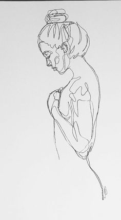 a black and white drawing of a woman with her hands behind her back, looking down