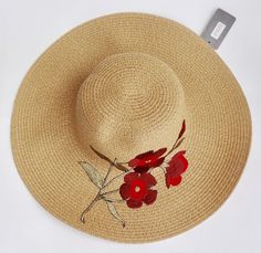 This gorgeous sun hat is a perfect accessory for your favorite summer looks and provides great sun protection! It has beautiful light brown color and red embroidered flowers decoration on the side- just so feminine and stylish! Lightweight, great for vacations!  100% Polyester Lightweight High Quality Approximately 23” Casual Embroidered Sun Hat For Summer, Red Sun Hat For Spring Vacation, Spring Vacation Sun Hat Embroidered, Casual Embroidered Sun Hat For Beach, Spring Vacation Sun Hat With Embroidery, Red Straw Hat For Spring Beach, Red Straw Hat For Summer Vacation, Casual Embroidered Sun Hat For The Beach, Embroidered Summer Hats For Vacation