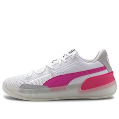 Puma's Clyde Hardwood 'Pink Glow' is a modern take on a classic silhouette. The shoe features a pink Formstrip and TPU heel clip on a white tumbled leather and mesh upper. Signature branding hallmarks the tongue and heel. A translucent ProFoam midsole supplies energy return while the high-abrasion rubber outsole works to enhance court control. The Clyde Hardwood 'Pink Glow' is perfect for player who wants old-school look with modern details. (SNKR/Men's/Low Top/Non-Slip/Basketball/Wear-resistant) Pink Basketball Shoes With Gum Sole For Sports, Modern Pink Sneakers With Translucent Outsole, Sporty Pink Basketball Shoes With Translucent Outsole, Pink Basketball Shoes With Translucent Outsole For Streetwear, Pink Puma Logo Sneakers For Streetwear, Puma Clyde Hardwood, Puma Clyde Court, Puma Clyde All Pro, Sporty Low-top Basketball Shoes With Puma Logo