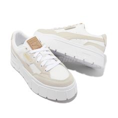 (WMNS) Puma Mayze Stack Cord Sneakers 'White-Pristine' 392103-01 White Puma Sneakers For Streetwear, White Puma Sneakers For Sports, White Puma Skate Shoes For Streetwear, Sporty White Puma Skate Shoes, White Puma Skate Shoes With Round Toe, Puma Sneakers With White Sole And Round Toe, Puma Sneakers With Round Toe, White Puma Logo Skate Shoes With Round Toe, Casual White Sneakers With Puma Logo