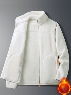 White  Collar Long Sleeve Woven Fabric Plain  Embellished Slight Stretch  Women Outdoor Apparel White Winter Outerwear With Fleece Lining, Winter White Fleece Jacket With Pockets, Winter White Fleece Jacket With Pockets For Winter, Winter White Outerwear With Fleece Lining, Warm White Fleece Outerwear, Winter White Fleece Jacket With Fleece Lining, Winter White Fleece Jacket With Lining, White Fleece Jacket For Winter, White Sherpa Outerwear For Outdoor