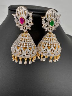 AD Jhumki Color Stone EaringsColor : Diamond Finish JhumkasSize : Approx 2.25 Inches; Weight : Approx 17 Grams EachStones : CZ --Color-- Stone Antique Necklace Victorian, Real Pearl Necklace, Jhumki Earrings, Ethnic Necklaces, Traditional Earrings, Kundan Necklaces, Oxidised Jewellery, Real Pearls, Color Stone