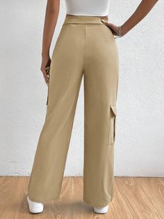 Make a fashion statement with these Flipped Waist Pocket Patched Cargo Pants. Designed for a casual yet stylish look, they feature a regular fit and a long length, making them ideal for everyday wear. The woven fabric offers a non-stretch feel, while the plain pattern ensures easy pairing with any top. With multiple pockets, these cargo pants provide both style and functionality. Detail: Style: Casual Pattern Type: Plain Type: Cargo Pants Length: Long Fit Type: Regular Fit Fabric: Non-Stretch Ma Casual Solid Color Pants For Work, Casual Solid Color Workwear Pants, Versatile Straight Leg Bottoms In Solid Color, Casual Stretch Wide Leg Pants For Work, Casual Wide Leg Solid Color Cargo Pants, Versatile Solid Wide Leg Cargo Pants, Casual Stretch Wide Leg Pants With Pockets, Casual Stretch Pants With Pockets, Versatile Solid Color Wide Leg Cargo Pants