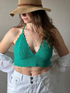 Take a look at our new trendy crop top «Ariel». The turquoise color and beautiful pattern will add a bright accent to your everyday look. This design and material will allow you to feel comfortable even on the hottest day. Crop top "Ariel" 100% - cotton The color palette is unlimited Crochet Lace V-neck Crop Top For Summer, Trendy V-neck Crop Top For Beach, Summer V-neck Crochet Crop Top, Festival Crochet V-neck Crop Top, Fitted Crochet V-neck Crop Top, Trendy Fitted Tops With Crochet Lace, Trendy Fitted Top With Crochet Lace, Cotton V-neck Crop Top For Beach Season, Green Crop Top For Vacation