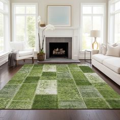 a living room filled with furniture and a green rug on top of a hard wood floor