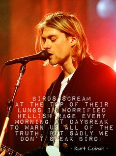 a man with long hair playing a guitar in front of a microphone and quote about birds