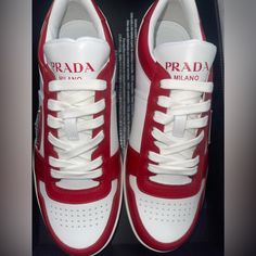 Never Worn Red Prada Sneakers Sneakers Come With Dust Bag And Original Box Sizeuk 6.5, Us 8 Red Leather Custom Sneakers With Perforated Toe Box, Luxury Red Sneakers For Streetwear, Classic Red Sneakers With Perforated Toe Box, Luxury Red Sneakers With Round Toe, Designer Calf Leather Sneakers With Red Sole, Designer Red Sneakers With Branded Heel Counter, Designer Red Sneakers With Branded Heel, Designer Red Lace-up Sneakers, Prada Shoes Sneakers