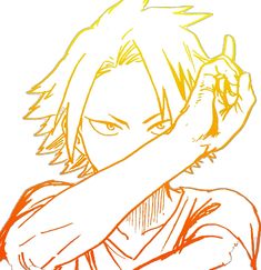 a drawing of an anime character holding his arm up to his face with one hand