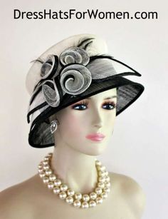 Ladies Black Ivory Mix Sinamay Straw Designer Fashion Wedding Church Hat. This Dress Hat Is Suited For Weddings, Formals, Bridal, Mother Of The Bride, The Kentucky Derby And Horse Races. Measurements: Crown Measures 22.5".  This lovely headpiece is suited for Spring, Summer or Early Fall. All Sales Are Final. Gatsby Style Wedding Hat And Headpieces, Gatsby Style Costume Hat For Wedding, Fitted Cream Hat For Ceremony, Cream Fitted Hat For Ceremony, Adjustable Gatsby Style Hat For Wedding, Fitted White Cloche Costume Hat, White Fitted Cloche Costume Hat, Adjustable Gatsby Style Wedding Hat, Cream Costume Hats And Headpieces For Church