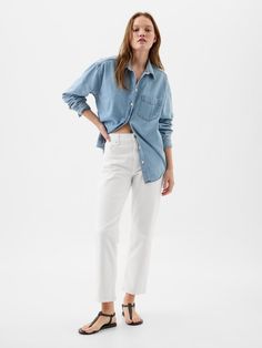 Mid Rise Girlfriend Jeans | Gap Factory Casual Button-up Jeans For Everyday, Casual Button-up Relaxed Fit Jeans, Everyday Medium Wash Button-up Jeans, Everyday Button-up Jeans With Pockets, Denim Blue Washed Button-up Jeans, Everyday Washed Blue Jeans With Button Closure, Button-up Cotton Jeans For Everyday, Cotton Button-up Jeans For Everyday, Everyday Light Wash Button-up Jeans