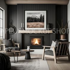 a living room filled with furniture and a fire place next to a wall mounted painting