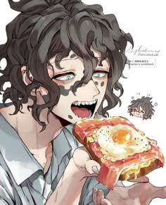 an anime character eating food with his mouth open