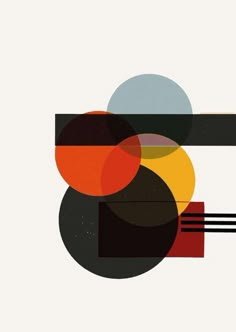 an abstract art piece with circles and lines on it's sides, in black, yellow, red, orange and grey colors