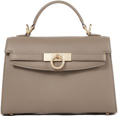 Luxury Taupe Textured Leather Bag, Formal Leather Bag With Round Handle, Elegant Brown Shoulder Bag With Palladium Hardware, Classic Taupe Textured Leather Bag, Elegant Calf Leather Shoulder Bag With Round Handle, Luxury Taupe Shoulder Bag, Timeless Textured Leather Office Bag, Luxury Taupe Satchel Shoulder Bag, Timeless Textured Leather Shoulder Bag For Office