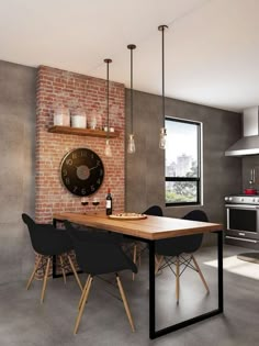 an open kitchen and dining room with brick walls