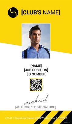 a yellow and black identification card for a man